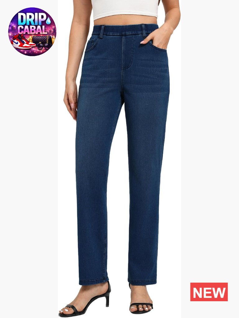 High Waisted Pull On Straight Leg Jeans Stretch Denim Pants